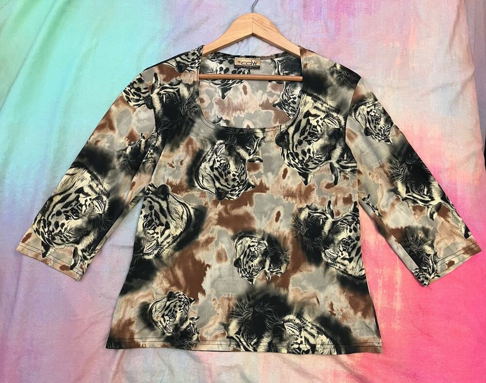 Vintage Y2K Tiger Animal print 3/4 Top Slinky Euro Fairy WhimsiGoth Sz L Archive